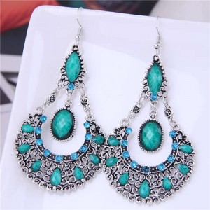 Rhinestone and Turquoise Waterdrop Bohemian Design Women Wholesale Dangle Earrings - Green