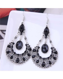 Rhinestone and Turquoise Waterdrop Bohemian Design Women Wholesale Dangle Earrings - Black