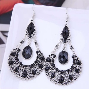 Rhinestone and Turquoise Waterdrop Bohemian Design Women Wholesale Dangle Earrings - Black