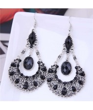 Rhinestone and Turquoise Waterdrop Bohemian Design Women Wholesale Dangle Earrings - Black