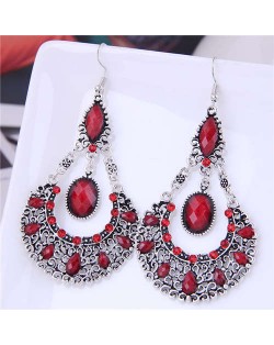 Rhinestone and Turquoise Waterdrop Bohemian Design Women Wholesale Dangle Earrings - Red