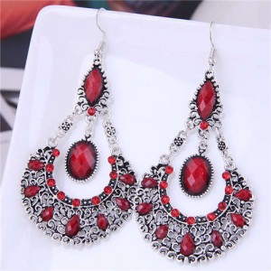 Rhinestone and Turquoise Waterdrop Bohemian Design Women Wholesale Dangle Earrings - Red