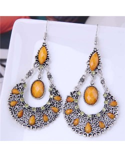 Rhinestone and Turquoise Waterdrop Bohemian Design Women Wholesale Dangle Earrings - Yellow