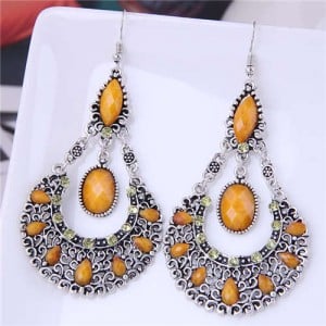 Rhinestone and Turquoise Waterdrop Bohemian Design Women Wholesale Dangle Earrings - Yellow