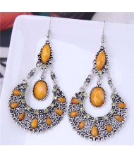 Rhinestone and Turquoise Waterdrop Bohemian Design Women Wholesale Dangle Earrings - Yellow