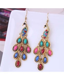 Resin Gem and Rhinestone Embellished Peacock Fashion Women Costume Dangle Earrings - Multicolor