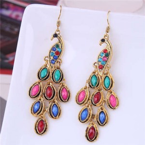 Resin Gem and Rhinestone Embellished Peacock Fashion Women Costume Dangle Earrings - Multicolor