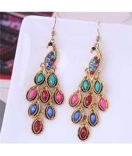 Resin Gem and Rhinestone Embellished Peacock Fashion Women Costume Dangle Earrings - Multicolor