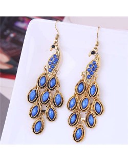 Resin Gem and Rhinestone Embellished Peacock Fashion Women Costume Dangle Earrings - Blue