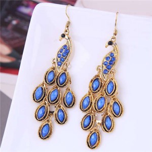 Resin Gem and Rhinestone Embellished Peacock Fashion Women Costume Dangle Earrings - Blue