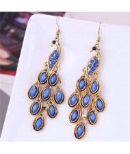 Resin Gem and Rhinestone Embellished Peacock Fashion Women Costume Dangle Earrings - Blue