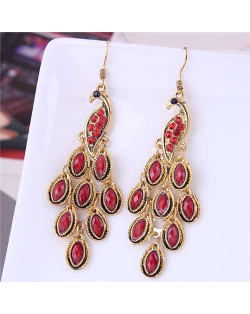 Resin Gem and Rhinestone Embellished Peacock Fashion Women Costume Dangle Earrings - Red