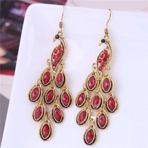 Resin Gem and Rhinestone Embellished Peacock Fashion Women Costume Dangle Earrings - Red