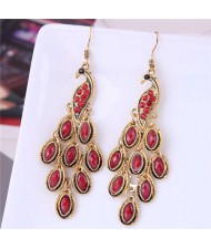 Resin Gem and Rhinestone Embellished Peacock Fashion Women Costume Dangle Earrings - Red