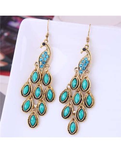 Resin Gem and Rhinestone Embellished Peacock Fashion Women Costume Dangle Earrings - Green