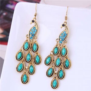 Resin Gem and Rhinestone Embellished Peacock Fashion Women Costume Dangle Earrings - Green