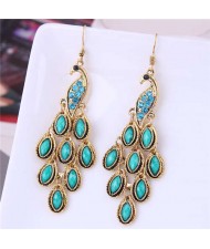 Resin Gem and Rhinestone Embellished Peacock Fashion Women Costume Dangle Earrings - Green