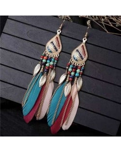 Bohemian Royal Fashion Leaves and Feather with Chain Tassel Women Drop Earrings - Multicolor