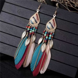 Bohemian Royal Fashion Leaves and Feather with Chain Tassel Women Drop Earrings - Multicolor