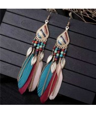 Bohemian Royal Fashion Leaves and Feather with Chain Tassel Women Drop Earrings - Multicolor