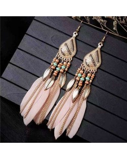 Bohemian Royal Fashion Leaves and Feather with Chain Tassel Women Drop Earrings - Pink