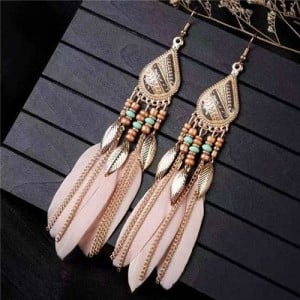 Bohemian Royal Fashion Leaves and Feather with Chain Tassel Women Drop Earrings - Pink
