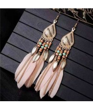 Bohemian Royal Fashion Leaves and Feather with Chain Tassel Women Drop Earrings - Pink