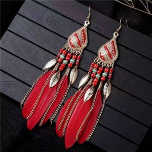 Bohemian Royal Fashion Leaves and Feather with Chain Tassel Women Drop Earrings - Red