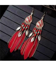 Bohemian Royal Fashion Leaves and Feather with Chain Tassel Women Drop Earrings - Red