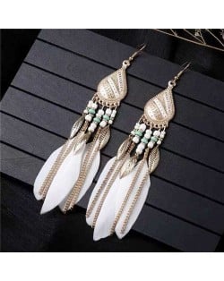 Bohemian Royal Fashion Leaves and Feather with Chain Tassel Women Drop Earrings - White