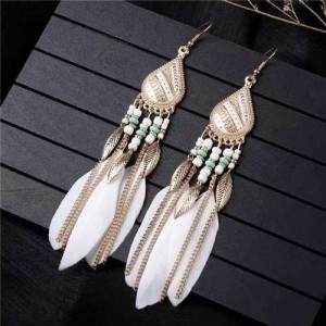Bohemian Royal Fashion Leaves and Feather with Chain Tassel Women Drop Earrings - White