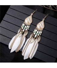 Bohemian Royal Fashion Leaves and Feather with Chain Tassel Women Drop Earrings - White