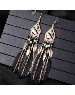 Bohemian Royal Fashion Leaves and Feather with Chain Tassel Women Drop Earrings - Black