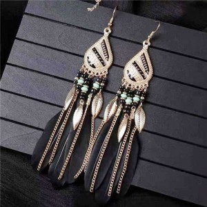 Bohemian Royal Fashion Leaves and Feather with Chain Tassel Women Drop Earrings - Black