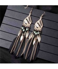 Bohemian Royal Fashion Leaves and Feather with Chain Tassel Women Drop Earrings - Black
