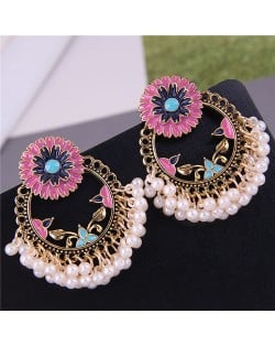 Pearl and Enamel Flower Royal Fashion Women Hoop Costume Earrings - Pink