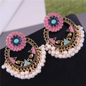 Pearl and Enamel Flower Royal Fashion Women Hoop Costume Earrings - Pink