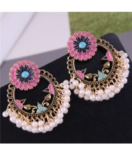 Pearl and Enamel Flower Royal Fashion Women Hoop Costume Earrings - Pink