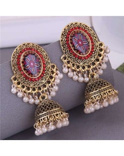 Royal Court Fashion Vintage Bohemian Pearl Tassel Dangle Earrings - Red