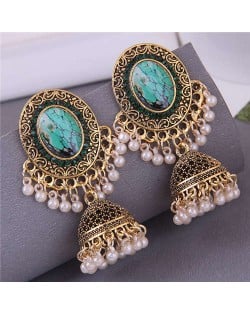 Royal Court Fashion Vintage Bohemian Pearl Tassel Dangle Earrings - Green