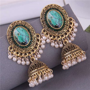 Royal Court Fashion Vintage Bohemian Pearl Tassel Dangle Earrings - Green