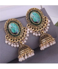 Royal Court Fashion Vintage Bohemian Pearl Tassel Dangle Earrings - Green