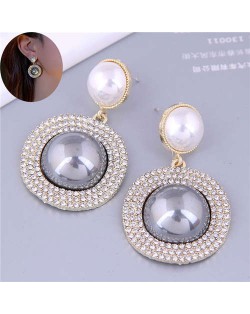 Korean Fashion Rhinestone and Pearl Round Bling Style Women Costume Earrings