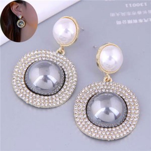Korean Fashion Rhinestone and Pearl Round Bling Style Women Costume Earrings