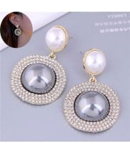 Korean Fashion Rhinestone and Pearl Round Bling Style Women Costume Earrings