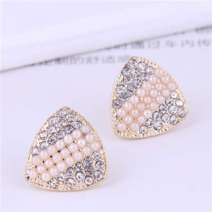 Rhinestone and Artificial Pearl Mixed Korean Fashion Triangle Pattern Women Stud Earrings