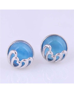 Round Opal Artistic Design Korean Fashion Women Stud Earrings - Blue