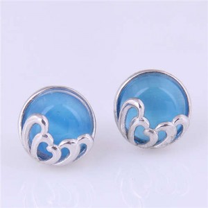 Round Opal Artistic Design Korean Fashion Women Stud Earrings - Blue