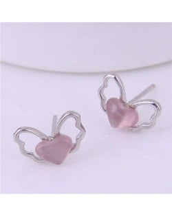 Opal Inlaid Korean Fashion Butterfly Sweet Women Stud Earrings - Pink