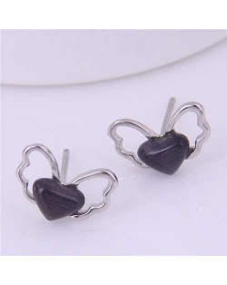 Opal Inlaid Korean Fashion Butterfly Sweet Women Stud Earrings - Black